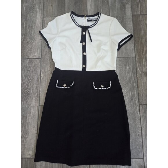 Karl Lagerfeld Colorblock One Piece Dress Sz 8.Faux Pockets And Metallic Buttons - Picture 1 of 9